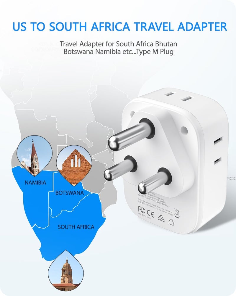 Lencent South Africa Plug Adapter, Type M Adapter For South Africa with 4 American Outlets, 4 USB Charger (2 USB C), Type M Plug Converter for US to Bhutan Botswana Namibia Zimbabwe Malaysia Sri Lanka - Image 2